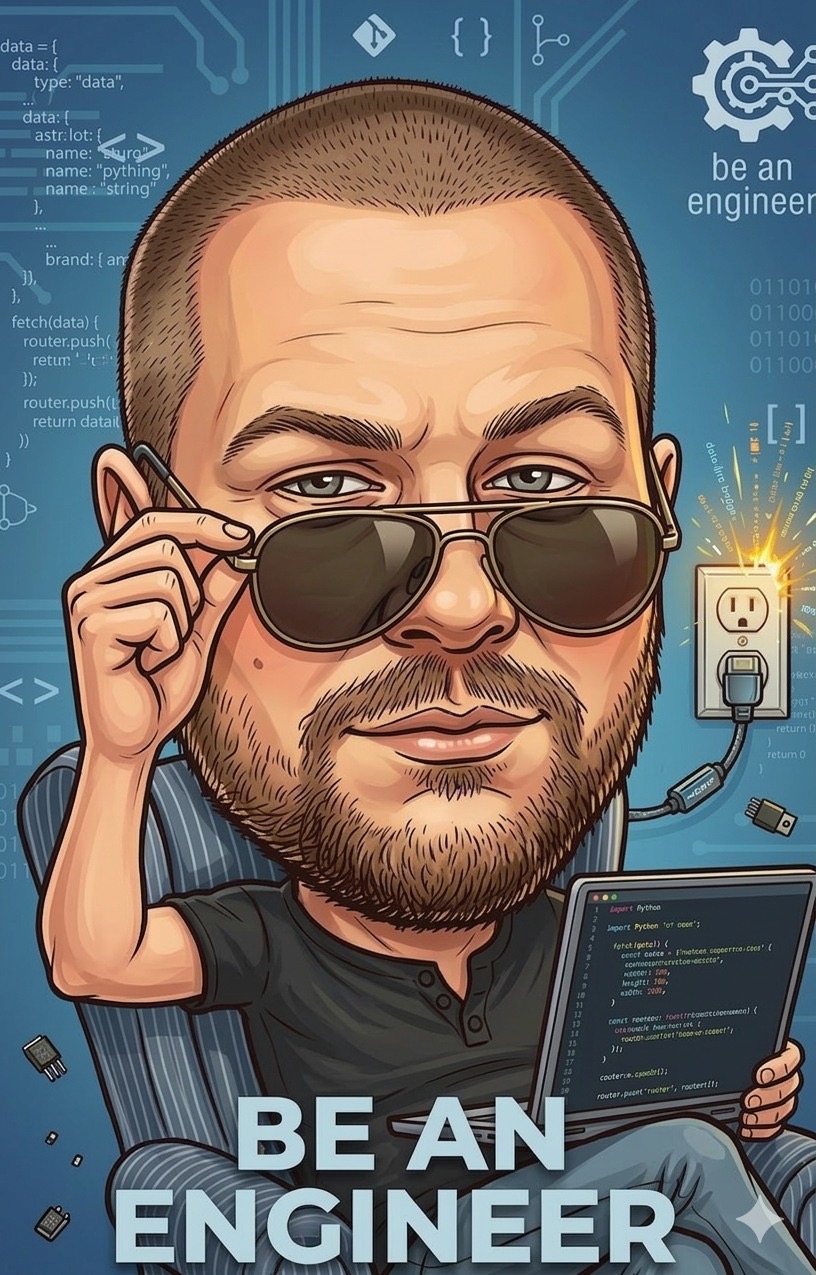 Be an Engineer — a caricature of the engineer behind the newsletter, lowering his sunglasses in front of a wall of code